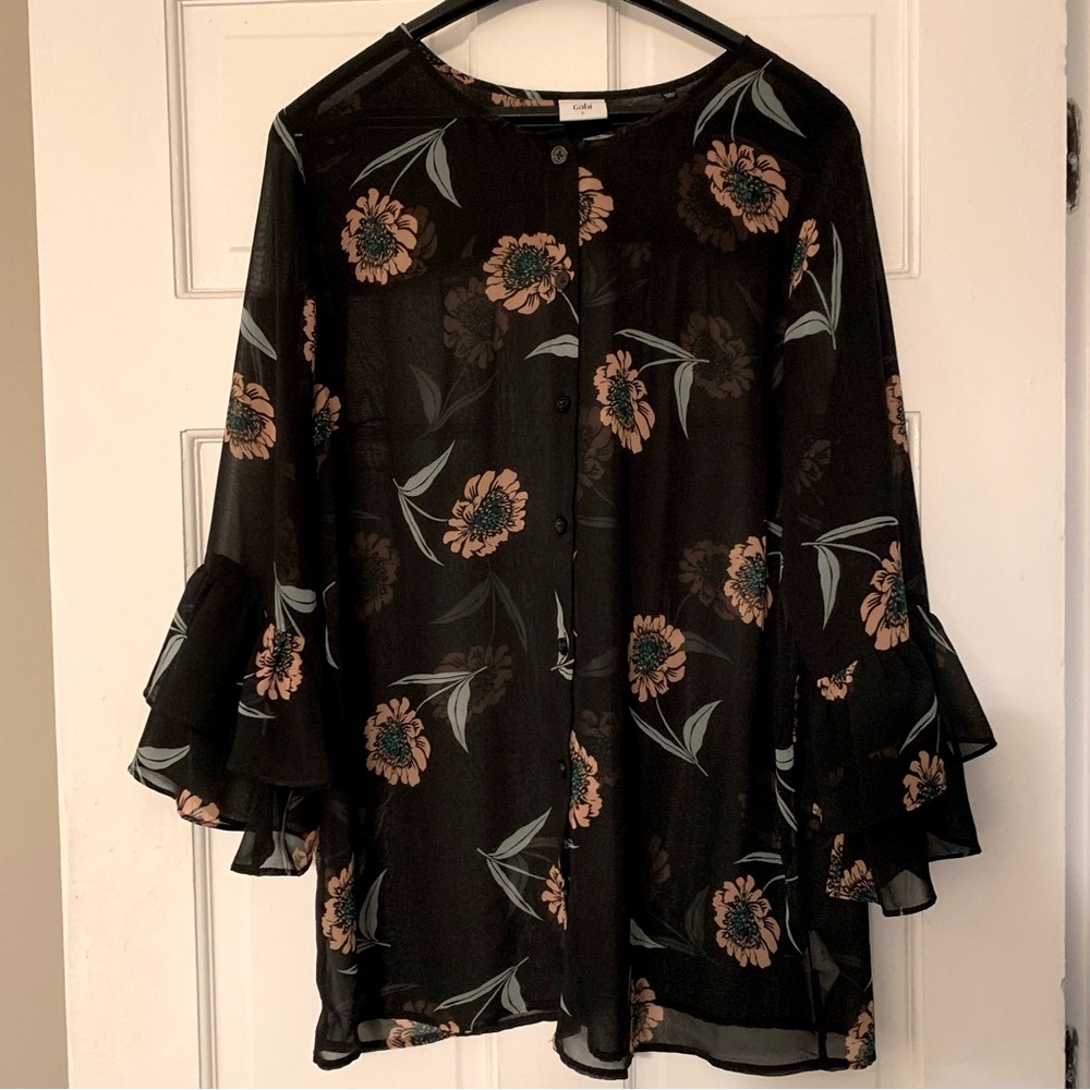 Cabi La Di Da Black Floral Bell Sleeve Top Style 5206 Size Large